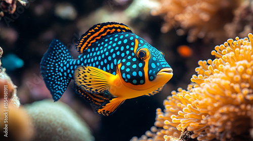 Colorful spotted fish swimming in coral reef aquarium marine life underwater photography ocean nature view