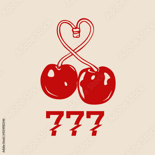Red Cherries on stem. Double cherry with three seven. Good luck concept. Hand drawn trendy Vector illustration. Isolated design element. Icon, print, sticker, logo template