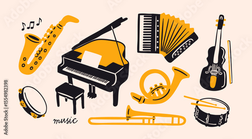 Musical instruments set. Musical school concept. Saxophone, trumpet, drum, flute, waldhorn, French horn, violin, piano, tambourine, accordion. Hand drawn Vector illustration. Isolated design elements