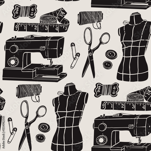 Sewing equipment, tools, accessories set. Mannequin, threads, needles, scissors, buttons, sewing machine, ruler. Monochrome trendy style. Hand drawn Vector illustration. Square seamless Pattern