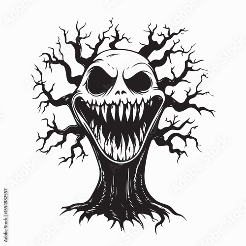 Scary Old Tree Monster With Big Mouth and Sharp Fangs Vector Design