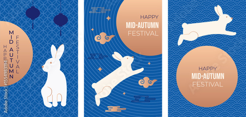 Mid Autumn Festival vertical postcard set with white rabbits, traditional Chinese patterns and golden moon – festive vector illustration for greeting cards, posters and social media.