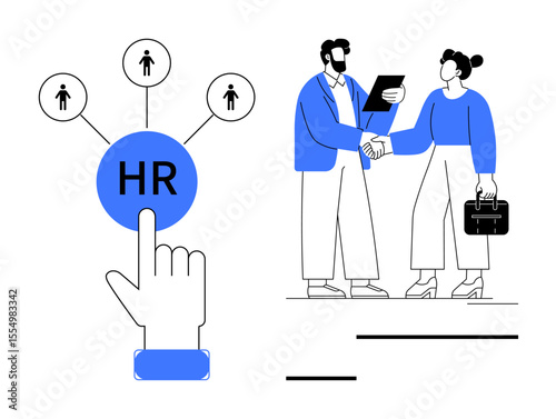 Hand clicking HR button with network diagram, professionals shaking hands holding documents. Ideal for recruitment, human resources, hiring, collaboration, teamwork, business management, simple flat