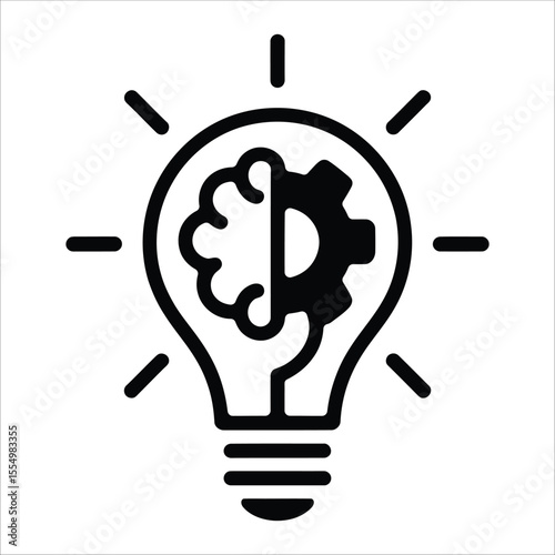 Innovation Illuminated: A conceptual illustration showcases the fusion of the human brain and technological gear, represented inside the iconic form of a lightbulb. representing creativity.