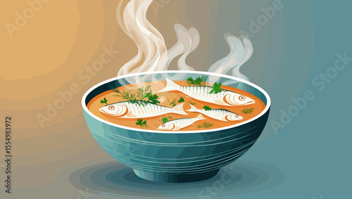Delicious fish soup in a bowl, garnished with herbs, against a gradient background