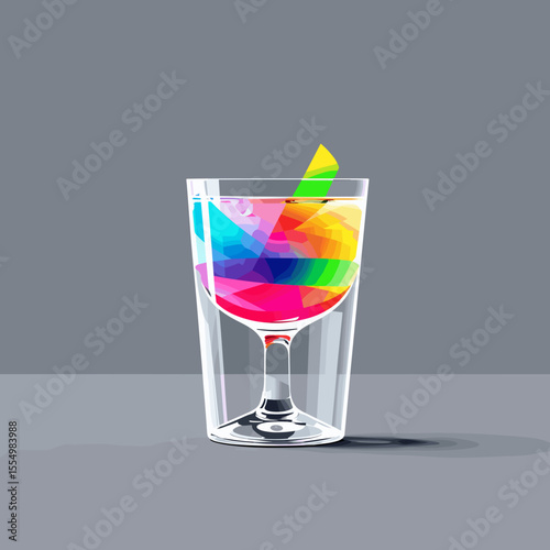 Stylized illustration of a colorful drink in a glass with geometric shapes on grey background for design concept