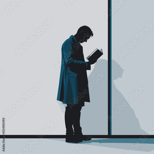 Stylized silhouette of a person reading a book leaning against a wall on light background for design concept