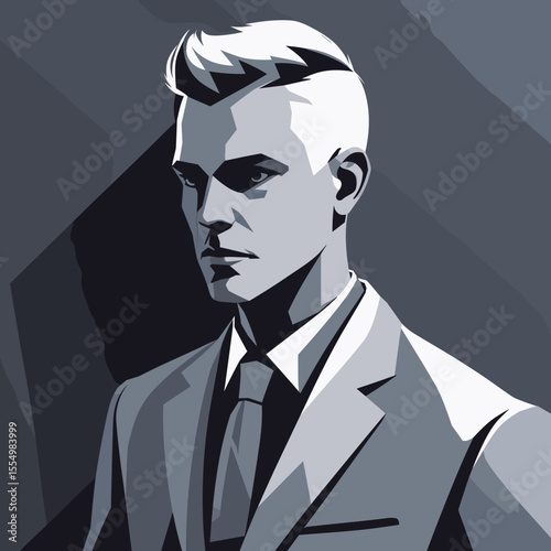 Stylized monochrome portrait of a young man in a suit on dark background for design concept
