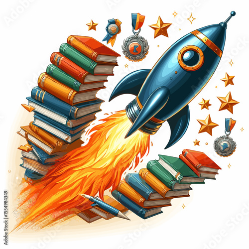Rocket launching from stacked books, surrounded by stars and medals, representing knowledge and achievement
