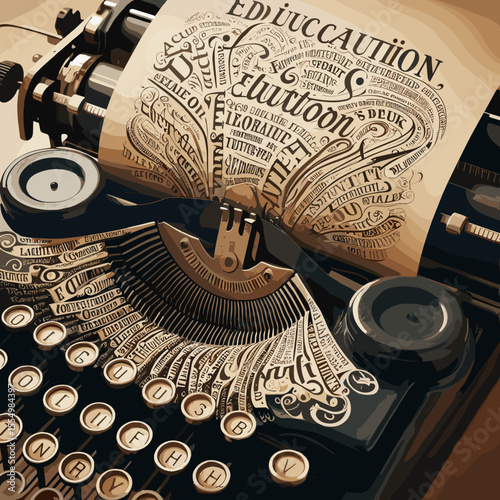 Vintage typewriter with intricately designed words flowing from the paper, showcasing creativity and art