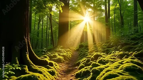 Sunlight shines through the lush green trees, creating a magical atmosphere in the forest woodland.