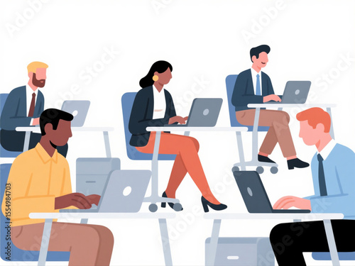 Vector illustration of diverse business people working on laptops in modern office, minimal color palette on white background