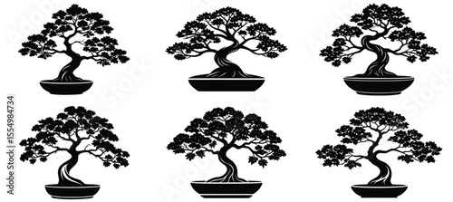 Collection of six stylized black silhouette bonsai trees in pots