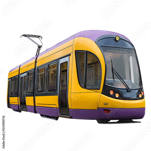 Modern yellow and purple tram vehicle isolated on transparent background