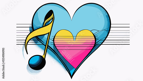 Colorful heart shape with a musical note and staff lines on a light background