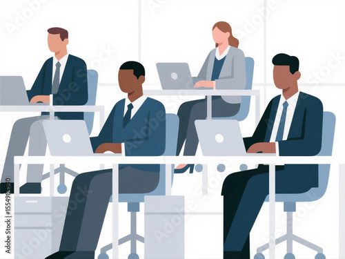 Vector illustration of diverse business people working on laptops in modern office, minimal color palette on white background