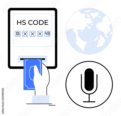 Hand inserting banknote into HS code interface with globe and microphone nearby. Ideal for finance, global trade, customs, e-commerce, logistics, technology, simple landing page