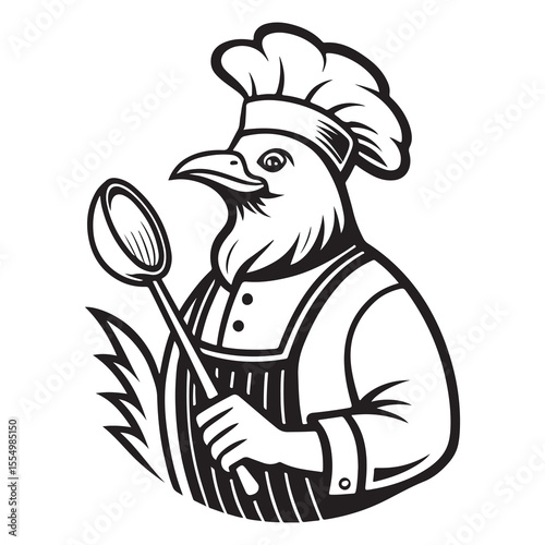 cartoon vector illustration of a chef holding a chicken and a spoon with a smiling face and chef hat
