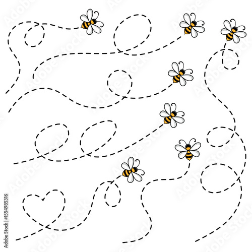 Flying Cartoon Bees on Dotted Paths - Adorable Vector Icons with Swirling Trails Isolated on White Background