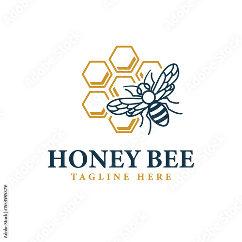 Honey Bee Logo - Vector Illustration of a Bee with Hive in Natural Style