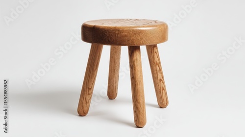 Stunning photo of wooden stool with round seat, three legs on white background. Simple minimalist design, clean lines. Natural wood grain texture. Scandinavian style furniture.