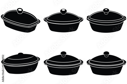 Collection of black silhouette cooking pots with lids