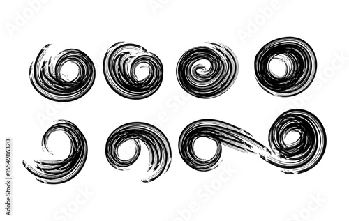 A collection of hand drawn abstract swirl brush strokes in black ink, grunge art , perfect for branding, modern backgrounds , and expressive artwork.