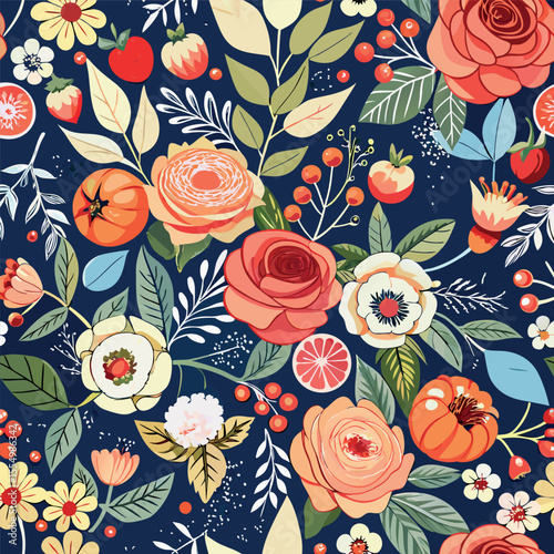 Floral Vector seamless pattern with roses garden flowers and plants, fruits, berries for fabric, textiles, clothing, wrapping paper, cover, banner, home decor
