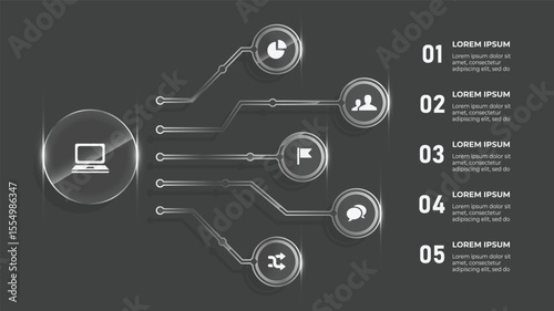 3D Glass Effect 5 Option Flow Chart – Business Infographic Vector Template with Icons for Web & Digital Interface Design