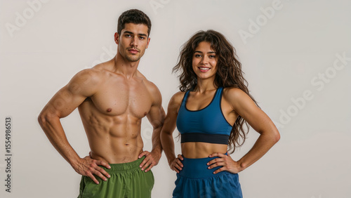 Fit Man and Woman Posing in Sportswear – Athletic Duo Studio Portrait on White Background”