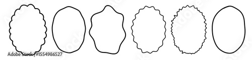 Wavy frame border set. Retro scallop circle shape line. Vector fun abstract oval in ink doodle style.