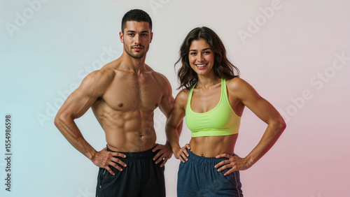 Fit Man and Woman Posing in Sportswear – Athletic Duo Studio Portrait on White Background”