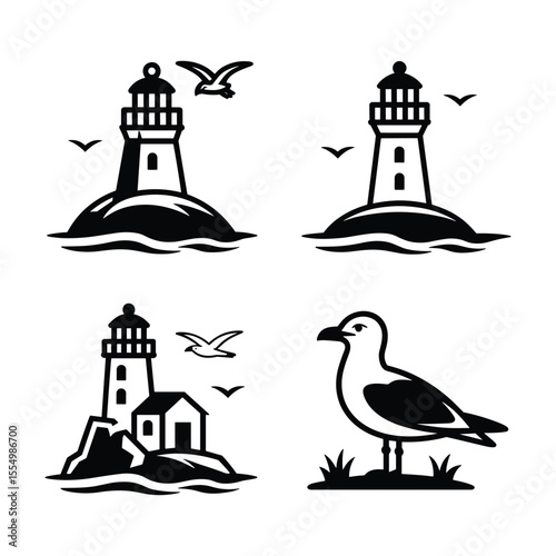 Lighthouse Emblems and Seagull: A set of elegant vector emblems showcasing the iconic lighthouse, guiding light, and a seagull, embodying navigation and coastal scenery.