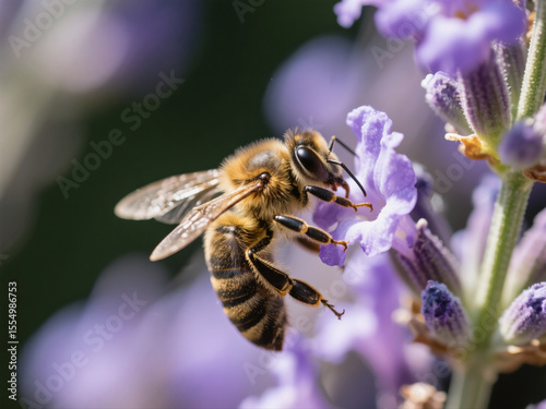 Macro photography of a honeybee on lavender flower with natural light, sharp details, blurred background (bokeh)