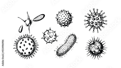 Pathogens and Viruses Icon Pack in Stipple Ink Style. Black and White Vector Collection of Microbes. Vintage Microbiology Illustration Set