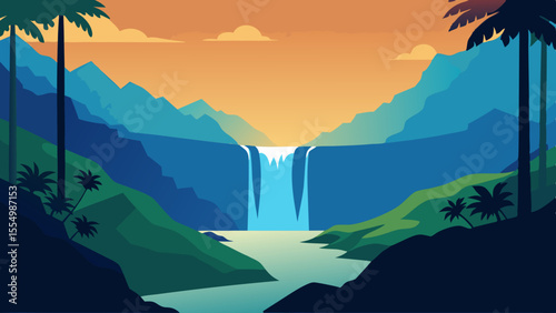 Serene tropical waterfall cascading down lush green mountains at sunset