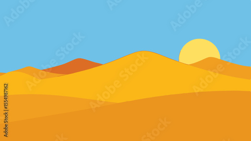 Stylized desert landscape with rolling sand dunes and a bright sun