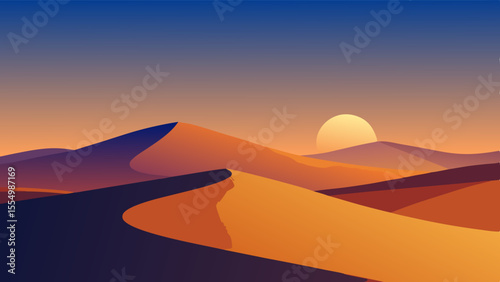 Stylized desert landscape with rolling dunes under a gradient sunset sky