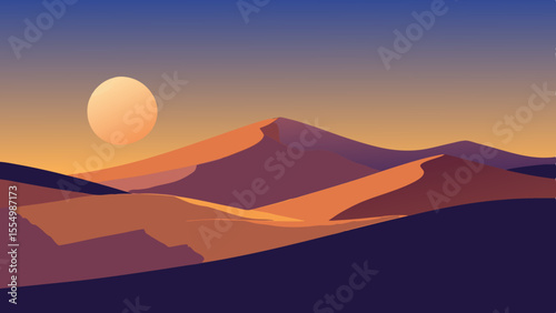 Stylized desert landscape with rolling dunes under a gradient sky at sunset