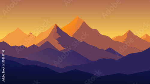 Geometric mountain range under a warm orange sunset sky