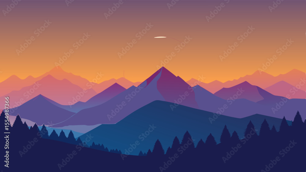 Naklejka premium Flat design mountain range at sunset with a soaring aircraft in the sky