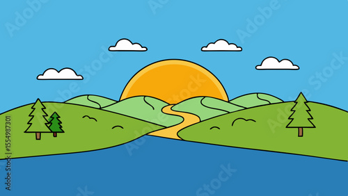 Stylized landscape with rolling green hills a winding path and a bright sun rising over water