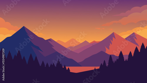 Vibrant sunset over layered mountains and pine forest with calm lake