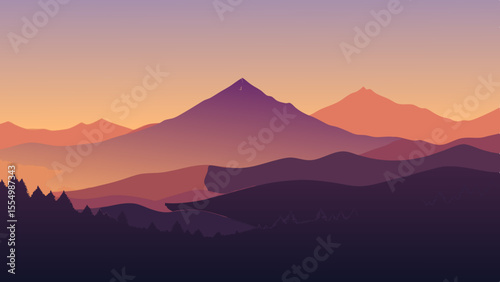 Serene mountain landscape at sunset with purple and orange hues