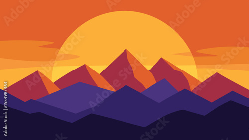 Vibrant geometric mountain range under a large setting sun