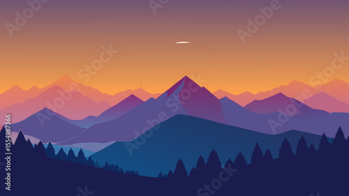 Flat design mountain range at sunset with a soaring aircraft in the sky