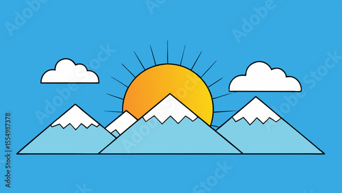 Stylized illustration of a bright sun rising over snow capped mountains with clouds