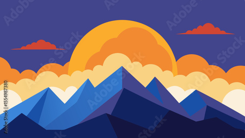 Geometric mountain range under a vibrant sunset with layered clouds