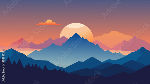 Vibrant sunset over layered mountain peaks with a silhouette of pine trees