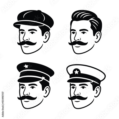 Mustache Portrait Collection: An artistic vector illustration showcases four unique portraits, each featuring a distinguished gentleman with a meticulously groomed mustache.